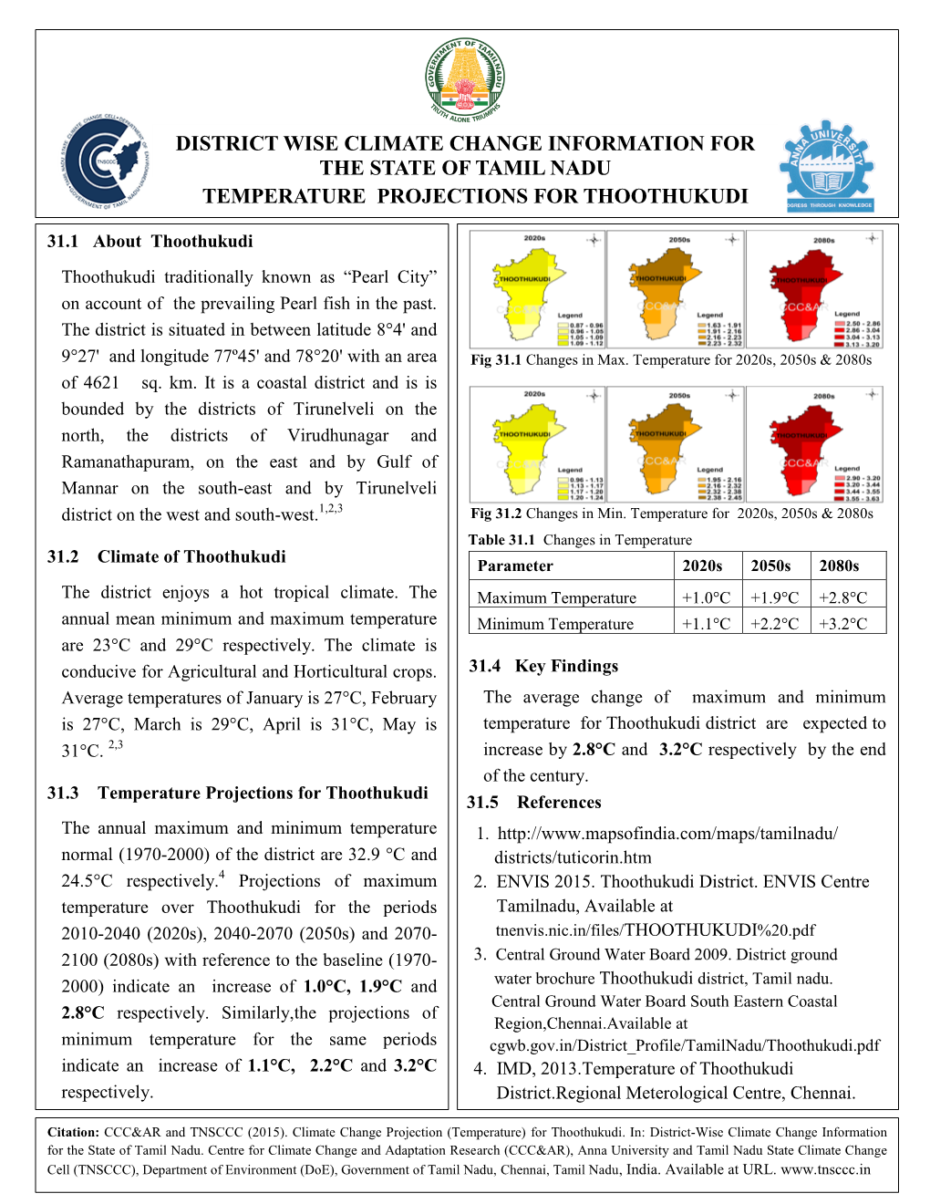 District Wise Climate Change Information for the State of Tamil Nadu Temperature Projections for Thoothukudi