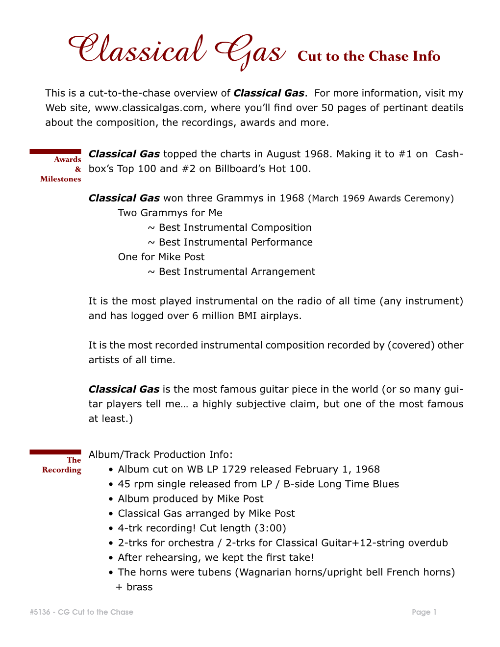 Classical Gas Cut to the Chase Info