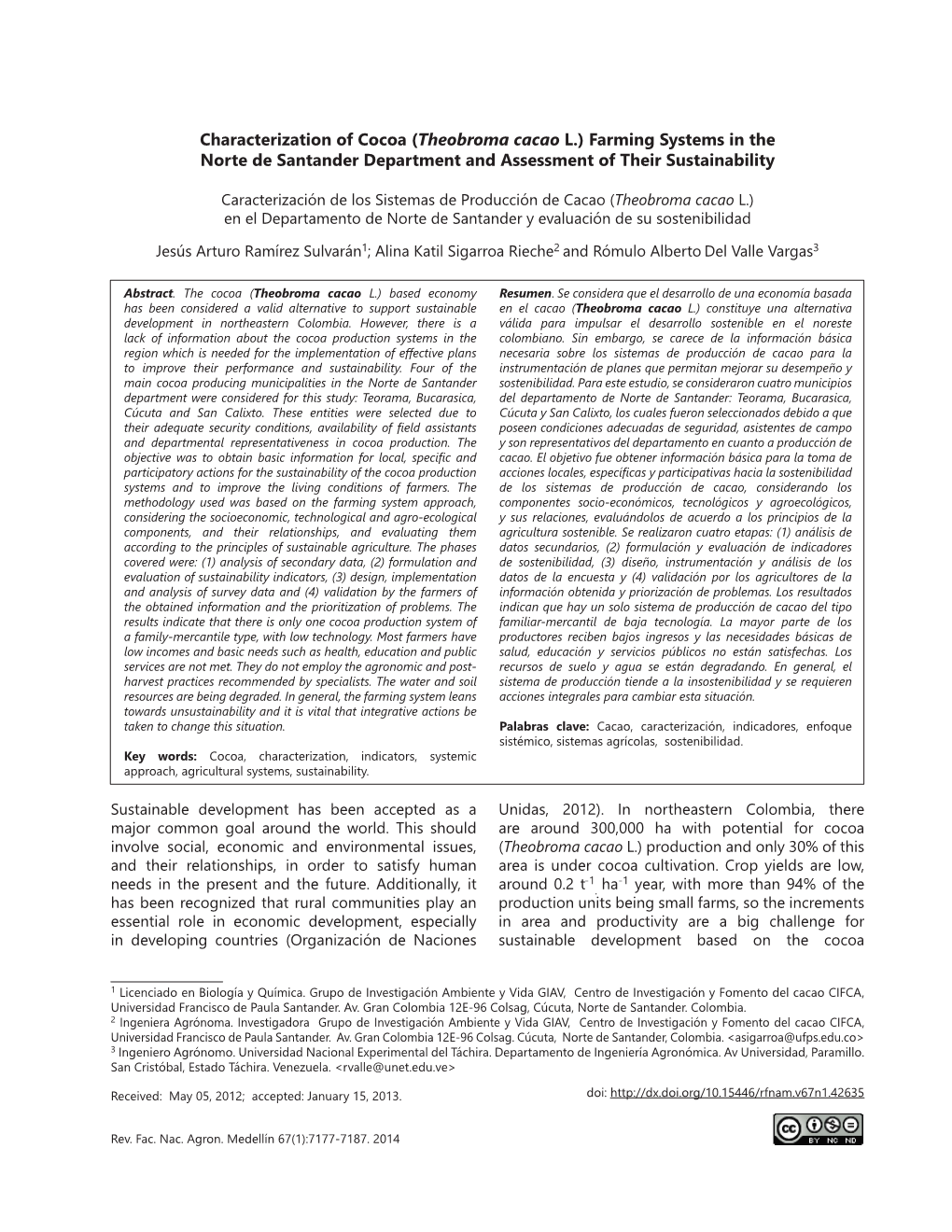Characterization of Cocoa (Theobroma Cacao L.) Farming Systems in the Norte De Santander Department and Assessment of Their Sustainability