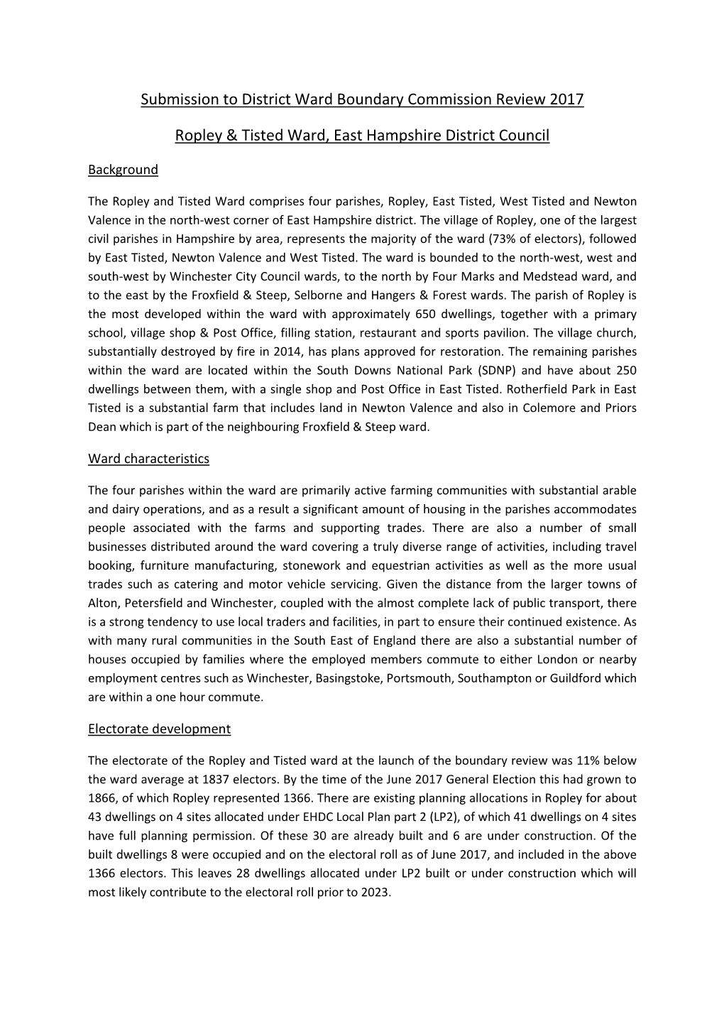 Submission to District Ward Boundary Commission Review 2017 Ropley