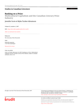 Multicultural Capitalism and the Canadian Literary Prize Industry Jennifer Scott Et Myka Tucker-Abramson