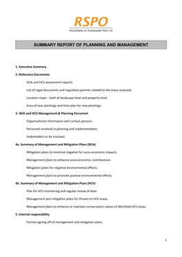 Summary Report of Planning and Management