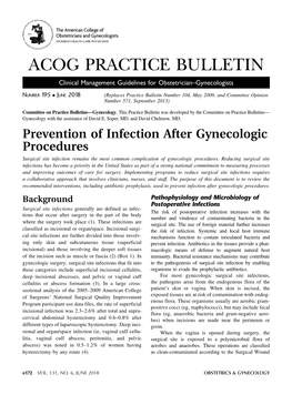 Practice Bulletin, Number 195, June 2018, Prevention of Infection After