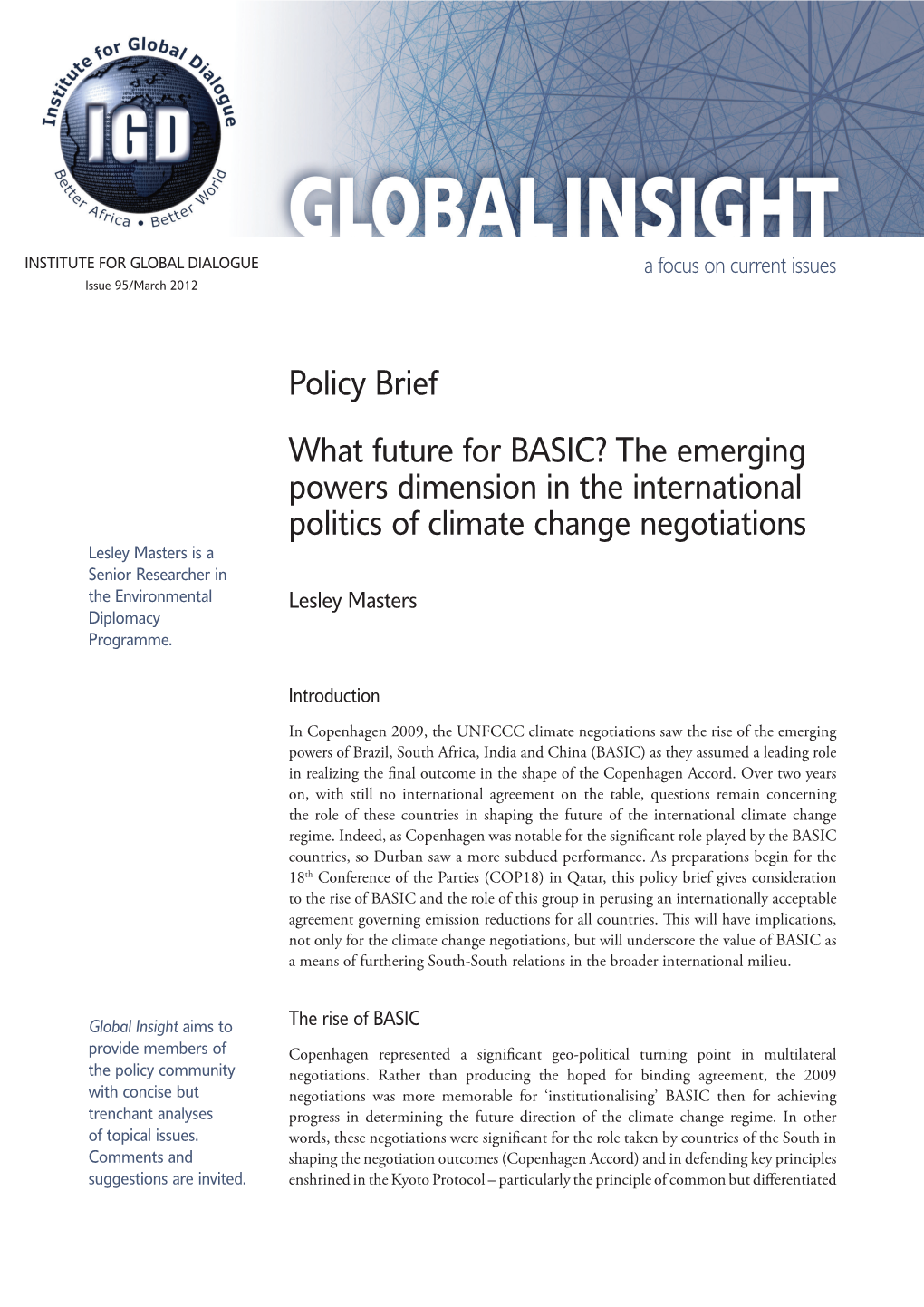 Policy Brief What Future for BASIC? the Emerging Powers Dimension in the International Politics of Climate Change Negotiations