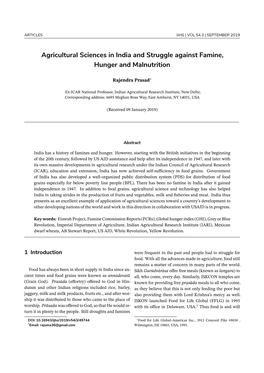 Agricultural Sciences in India and Struggle Against Famine, Hunger and Malnutrition
