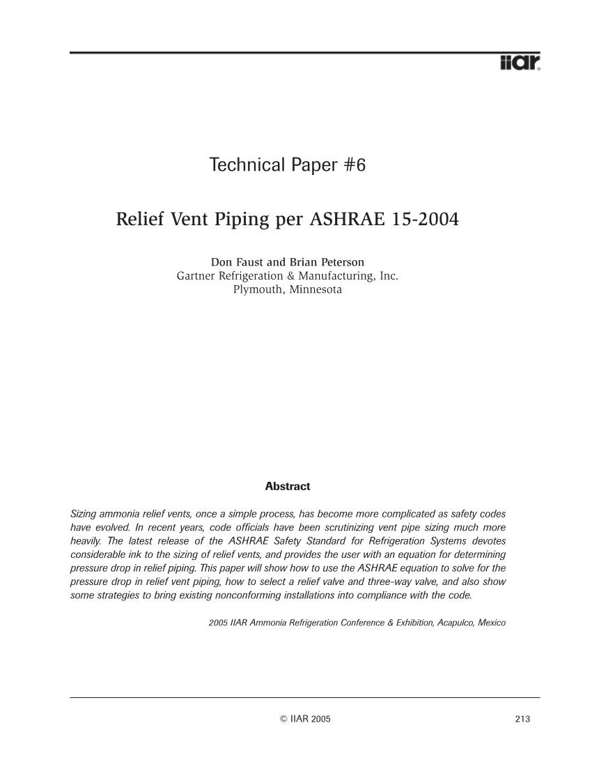 Technical Paper #6 Relief Vent Piping Per ASHRAE 15-2004 — Don Faust and Brian Peterson