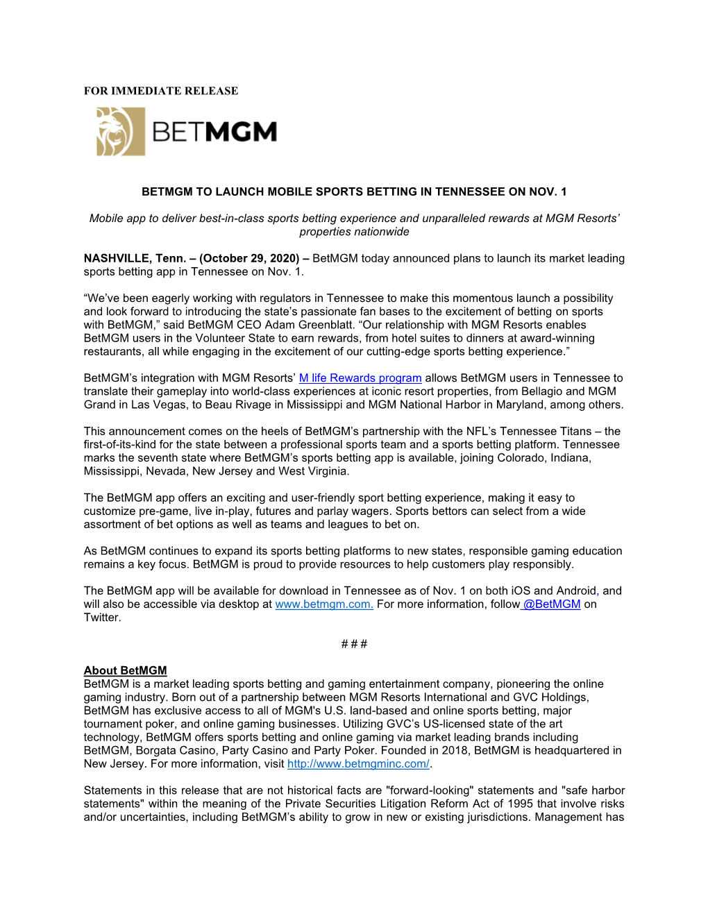 For Immediate Release Betmgm to Launch Mobile Sports