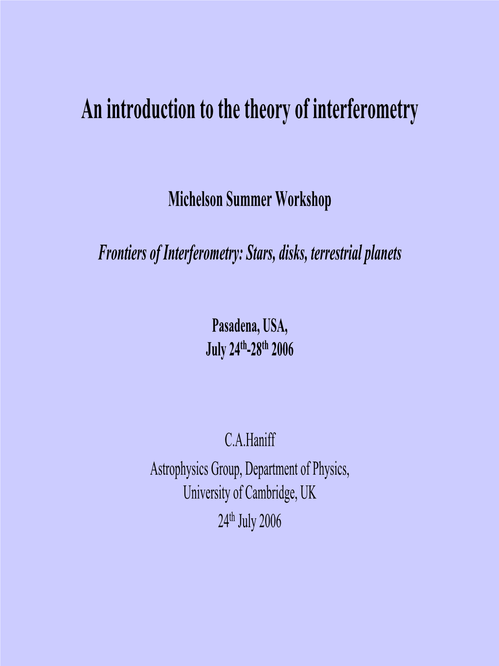 Introduction to the Theory of Optical Interferometry