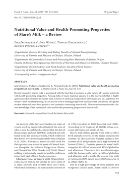 Nutritional Value and Health-Promoting Properties of Mare’S Milk – a Review