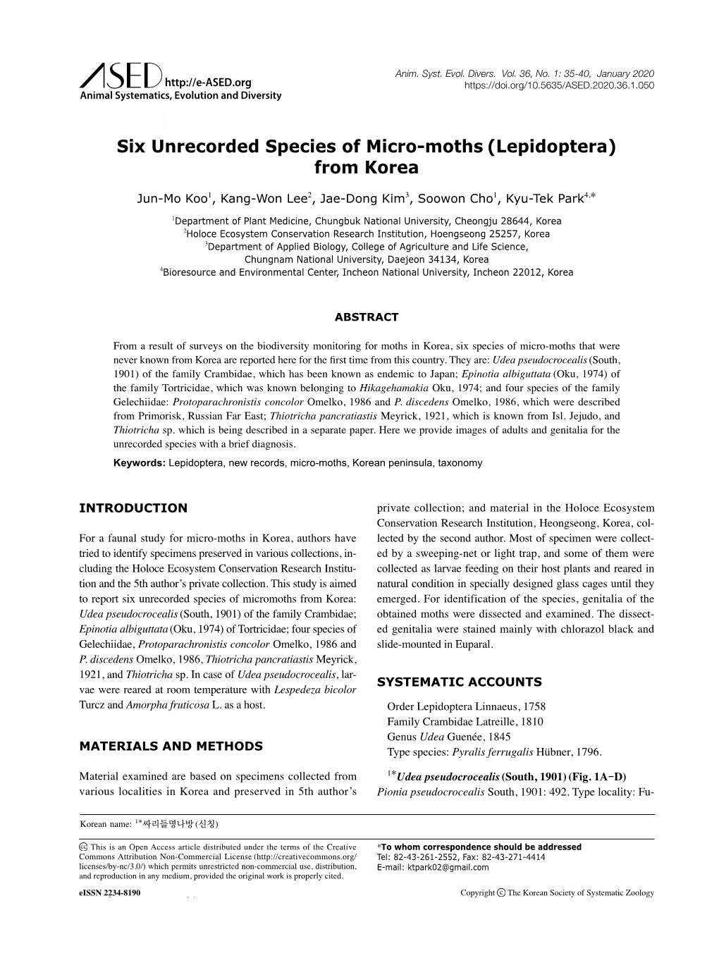 Six Unrecorded Species of Micro-Moths (Lepidoptera) from Korea