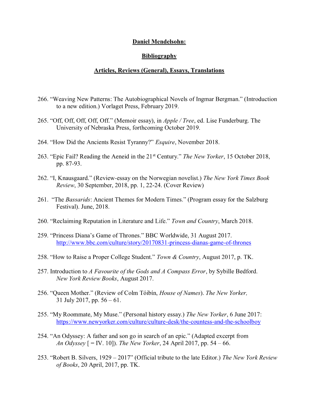 Bibliography Articles, Reviews (General), Essays