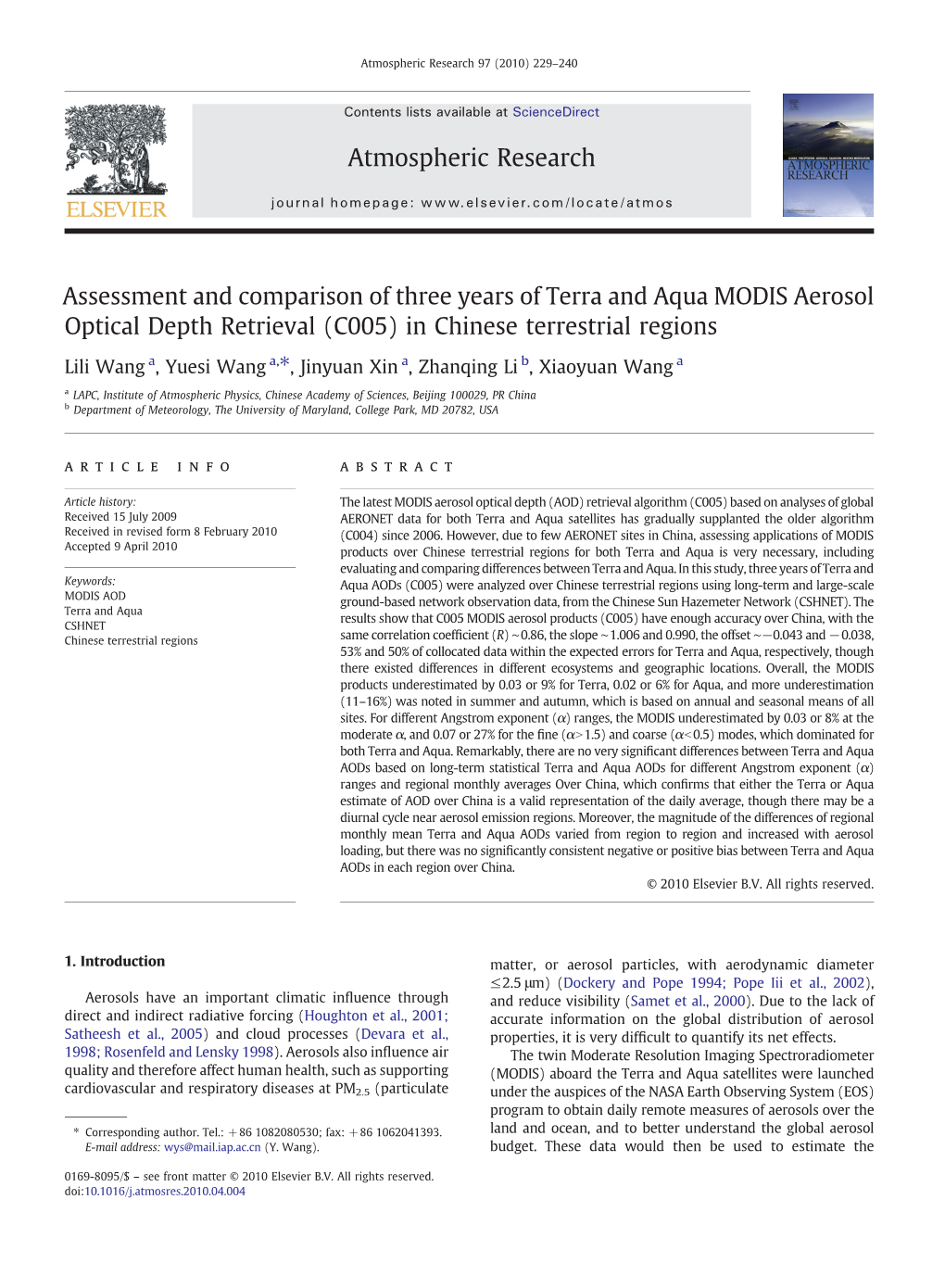 Assessment and Comparison of Three Years of Terra and Aqua MODIS Aerosol Optical Depth Retrieval (C005) in Chinese Terrestrial Regions