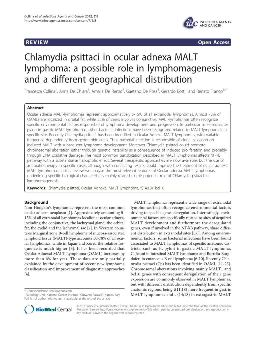 Chlamydia Psittaci in Ocular Adnexa MALT Lymphoma