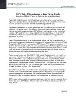 ESPN Radio Chicago Leased to Good Karma Brands Longtime GM Jim Pastor to Retire at the End of the Year
