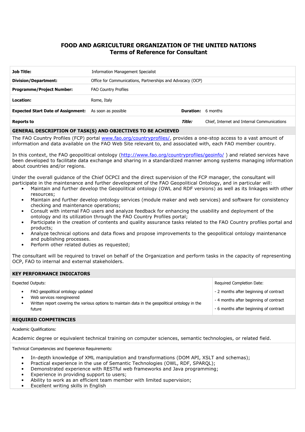 FOOD and AGRICULTURE ORGANIZATION of the UNITED NATIONS Terms of Reference for Consultant