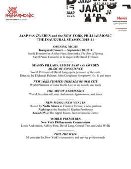 JAAP VAN ZWEDEN and the NEW YORK PHILHARMONIC the INAUGURAL SEASON, 2018–19