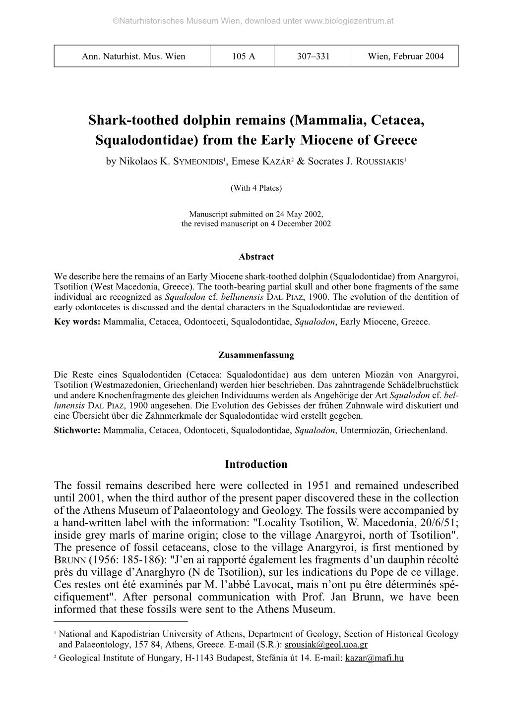 Shark-Toothed Dolphin Remains (Mammalia, Cetacea, Squalodontidae) from the Early Miocene of Greece