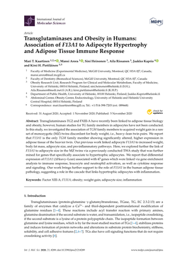 Transglutaminases and Obesity in Humans: Association of F13A1 to Adipocyte Hypertrophy and Adipose Tissue Immune Response