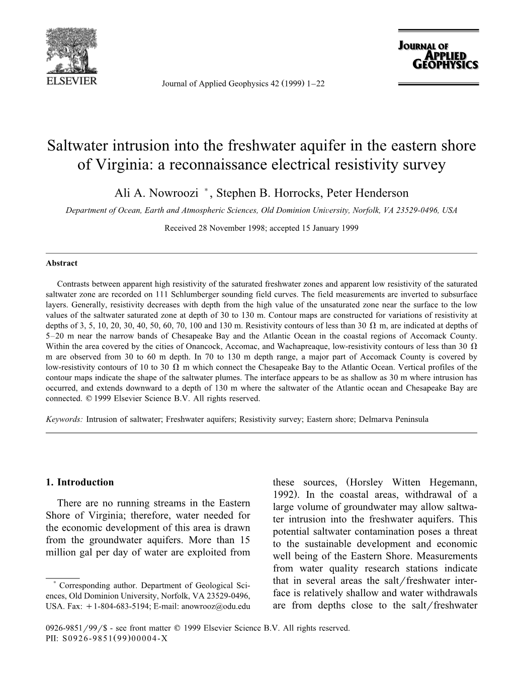 Saltwater Intrusion Into the Freshwater Aquifer in the Eastern Shore of Virginia: a Reconnaissance Electrical Resistivity Survey