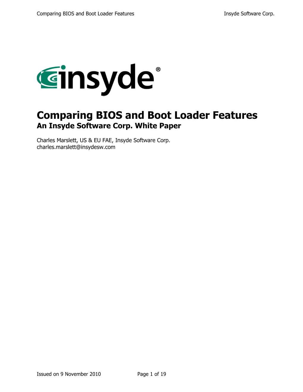 Comparing BIOS and Boot Loader Features Insyde Software Corp