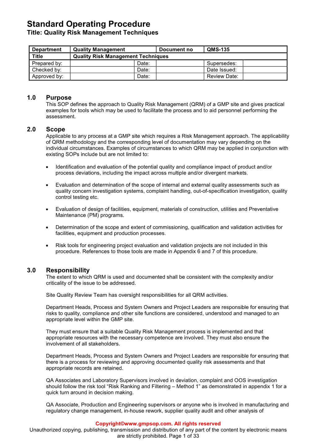 Quality Risk Management Techniques Sample