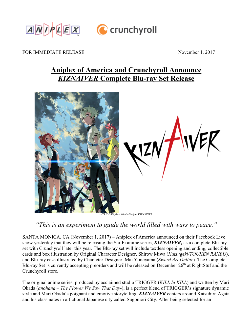 Aniplex of America and Crunchyroll Announce KIZNAIVER Complete Blu-Ray Set Release
