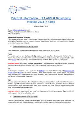Practical Information – EFA AGM & Networking Meeting 2013 in Rome