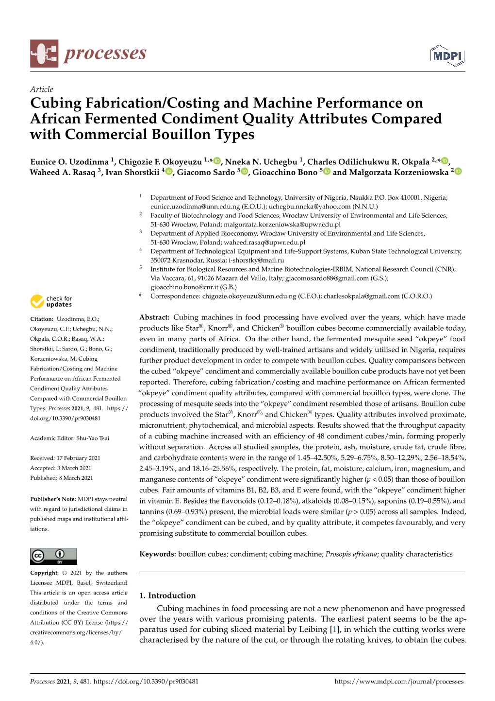 Cubing Fabrication/Costing and Machine Performance on African Fermented Condiment Quality Attributes Compared with Commercial Bouillon Types