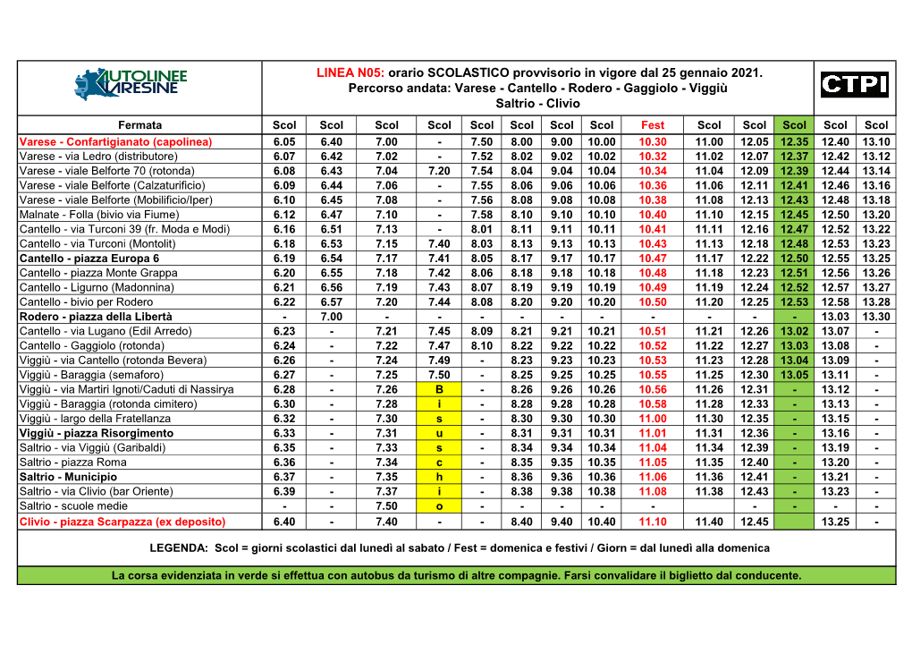 LINEA N05: Orario SCOLASTICO Provvisorio in Vigore Dal 25 Gennaio 2021