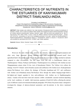 Characteristics of Nutrients in the Estuaries of Kanyakumari District-Tamilnadu-India