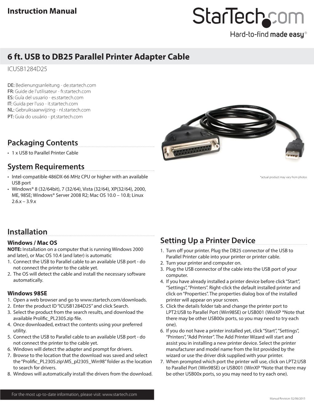 6 Ft. USB to DB25 Parallel Printer Adapter Cable ICUSB1284D25