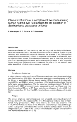 Clinical Evaluation of a Complement Fixation Test Using Human Hydatid Cyst Fluid Antigen for the Detection of Echinococcus Granulosus Antibody