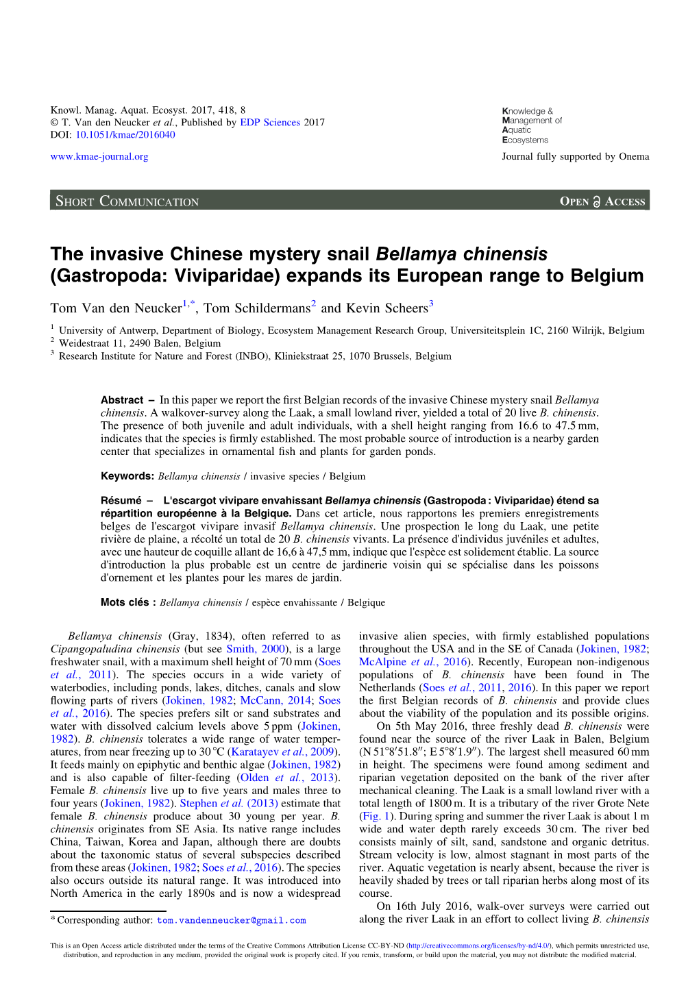 The Invasive Chinese Mystery Snail Bellamya Chinensis (Gastropoda: Viviparidae) Expands Its European Range to Belgium