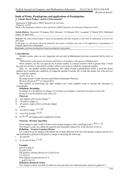 Turkish Journal of Computer and Mathematics Education Vol.12 No.9 (2021),934-939 Research Article Study of Prime, Pseudoprime and Applications of Pseudoprime a B A