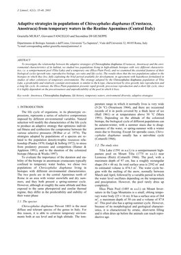 Adaptive Strategies in Populations of Chirocephalus Diaphanus (Crustacea, Anostraca) from Temporary Waters in the Reatine Apennines (Central Italy)