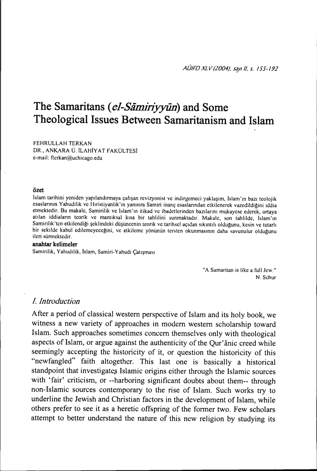 The Samaritans (El-Samiriyyün) and Some Theological Issues Between Samaritanism Andislam