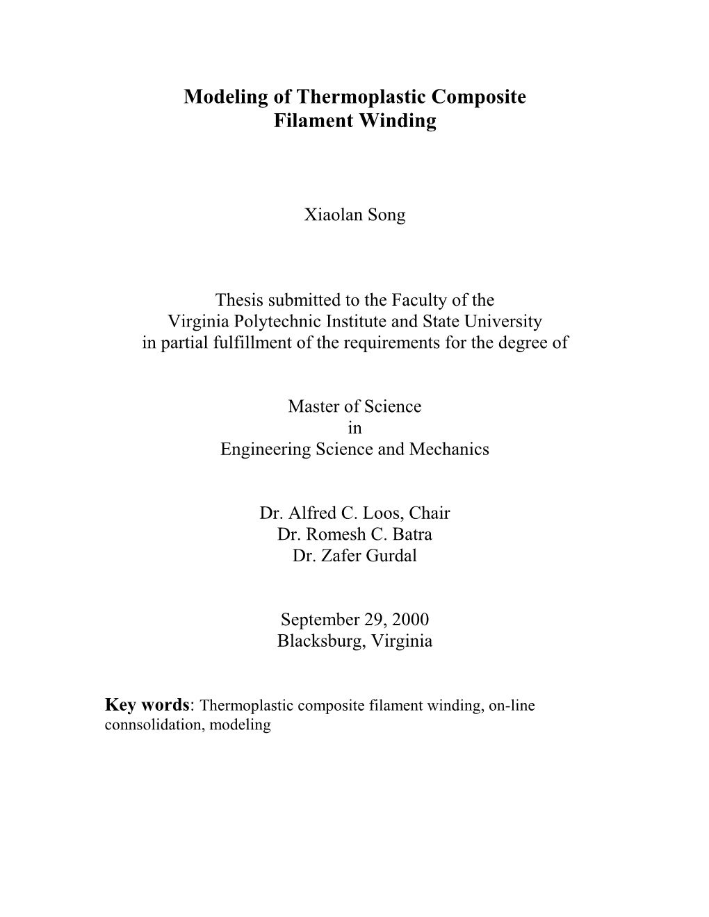 Modeling of Thermoplastic Composite Filament Winding