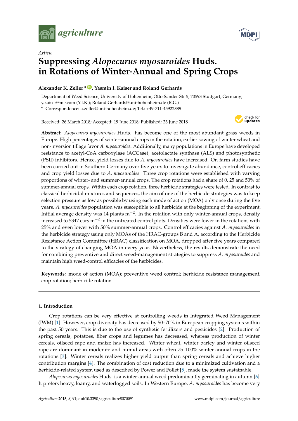 Suppressing Alopecurus Myosuroides Huds. in Rotations of Winter-Annual and Spring Crops
