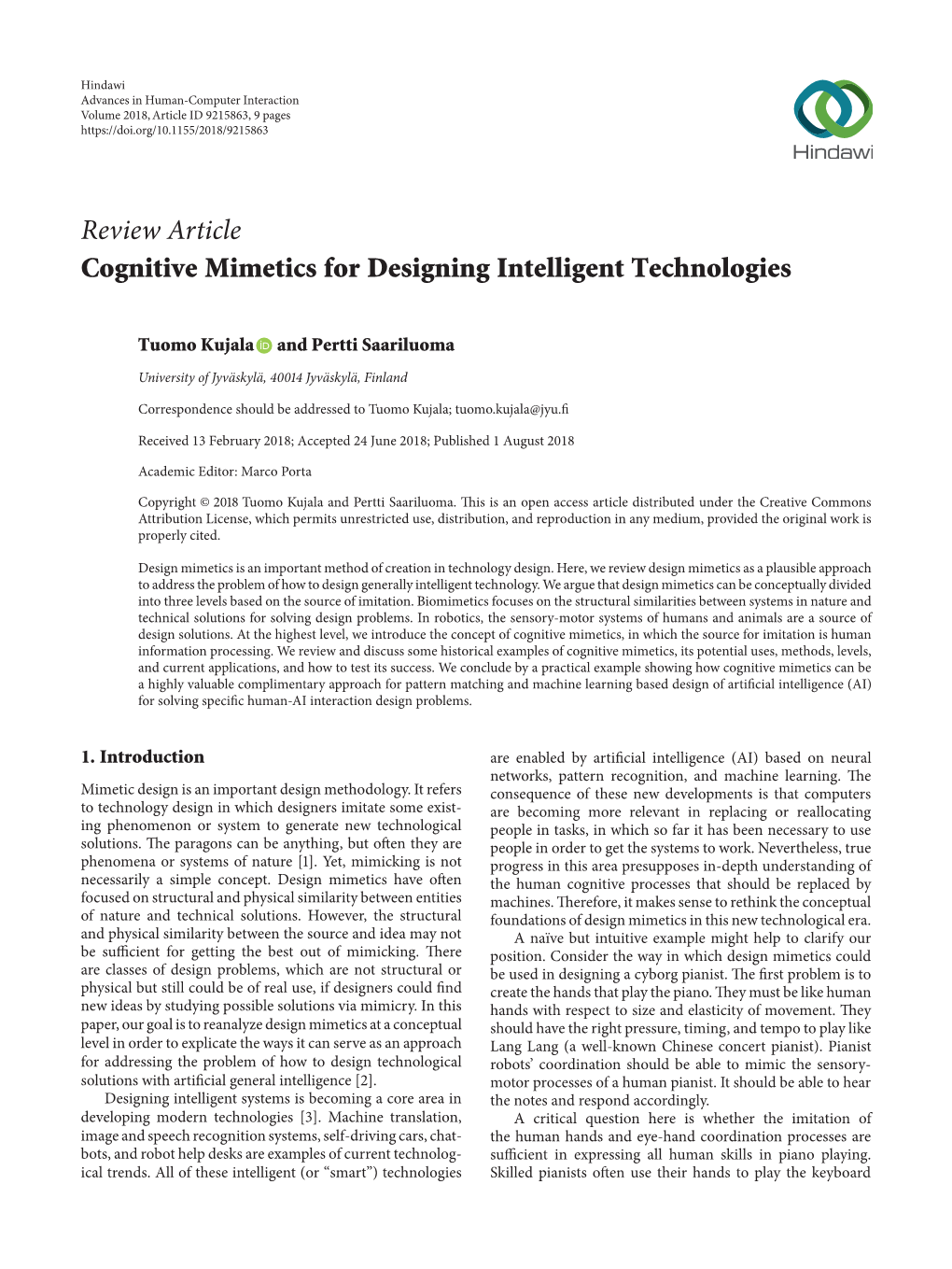 Review Article Cognitive Mimetics for Designing Intelligent Technologies
