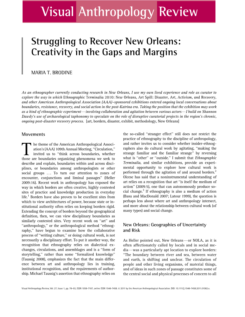 Struggling to Recover New Orleans: Creativity in the Gaps and Margins