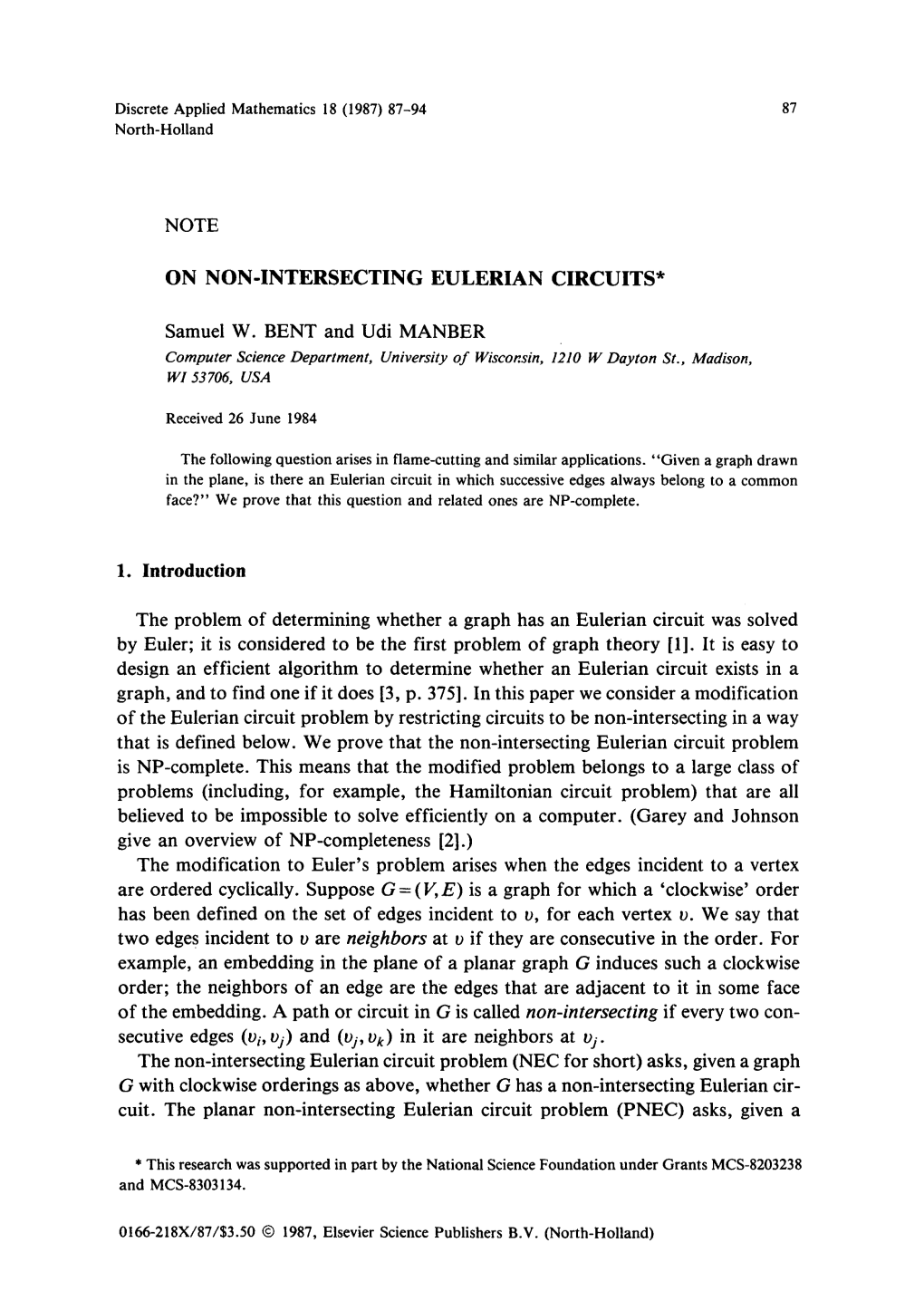 NOTE on NON-INTERSECTING EULERIAN CIRCUITS* Samuel W