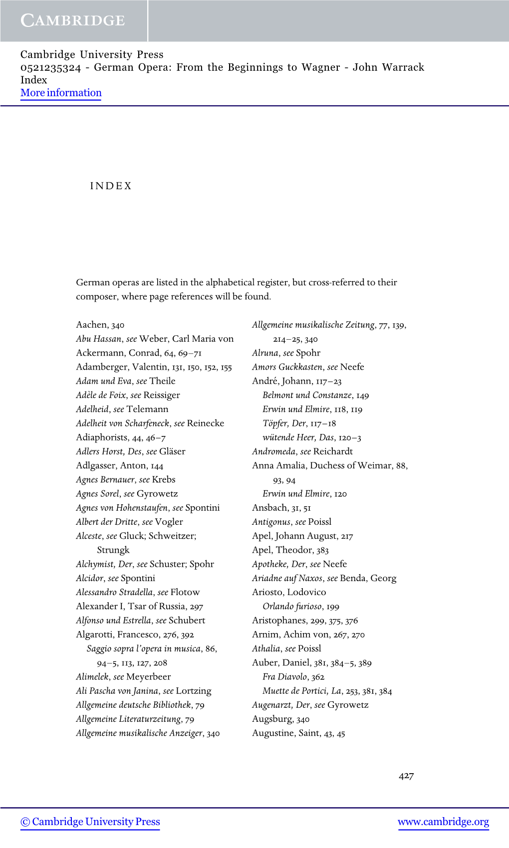 German Operas Are Listed in the Alphabetical Register, but Cross-Referred to Their Composer, Where Page References Will Be Found