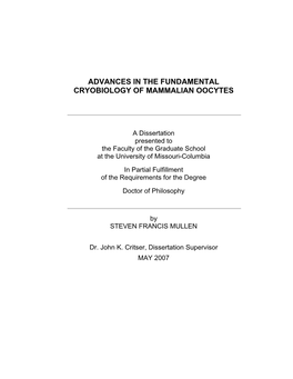 Advances in the Fundamental Cryobiology of Mammalian Oocytes