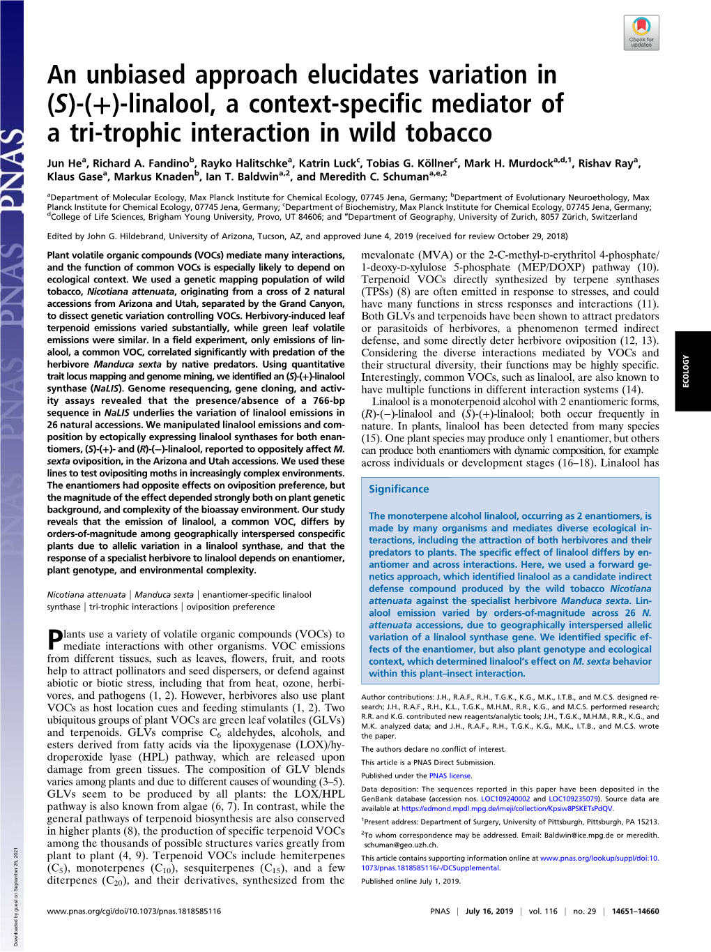 An Unbiased Approach Elucidates Variation in (S)-(+)-Linalool, a Context-Specific Mediator of a Tri-Trophic Interaction in Wild Tobacco