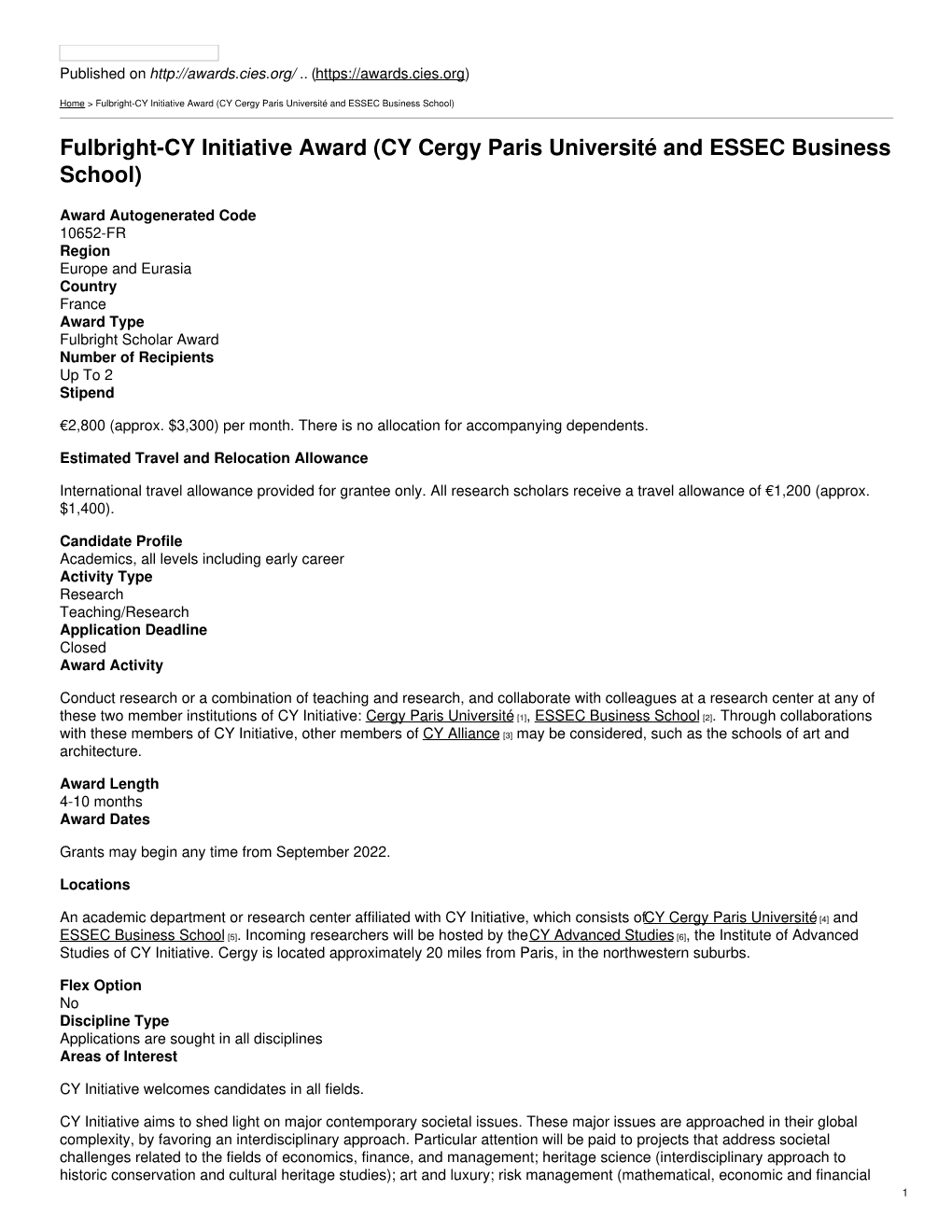 Fulbright-CY Initiative Award (CY Cergy Paris Université and ESSEC Business School)