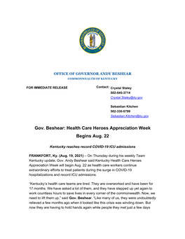 Gov. Beshear: Health Care Heroes Appreciation Week Begins Aug. 22