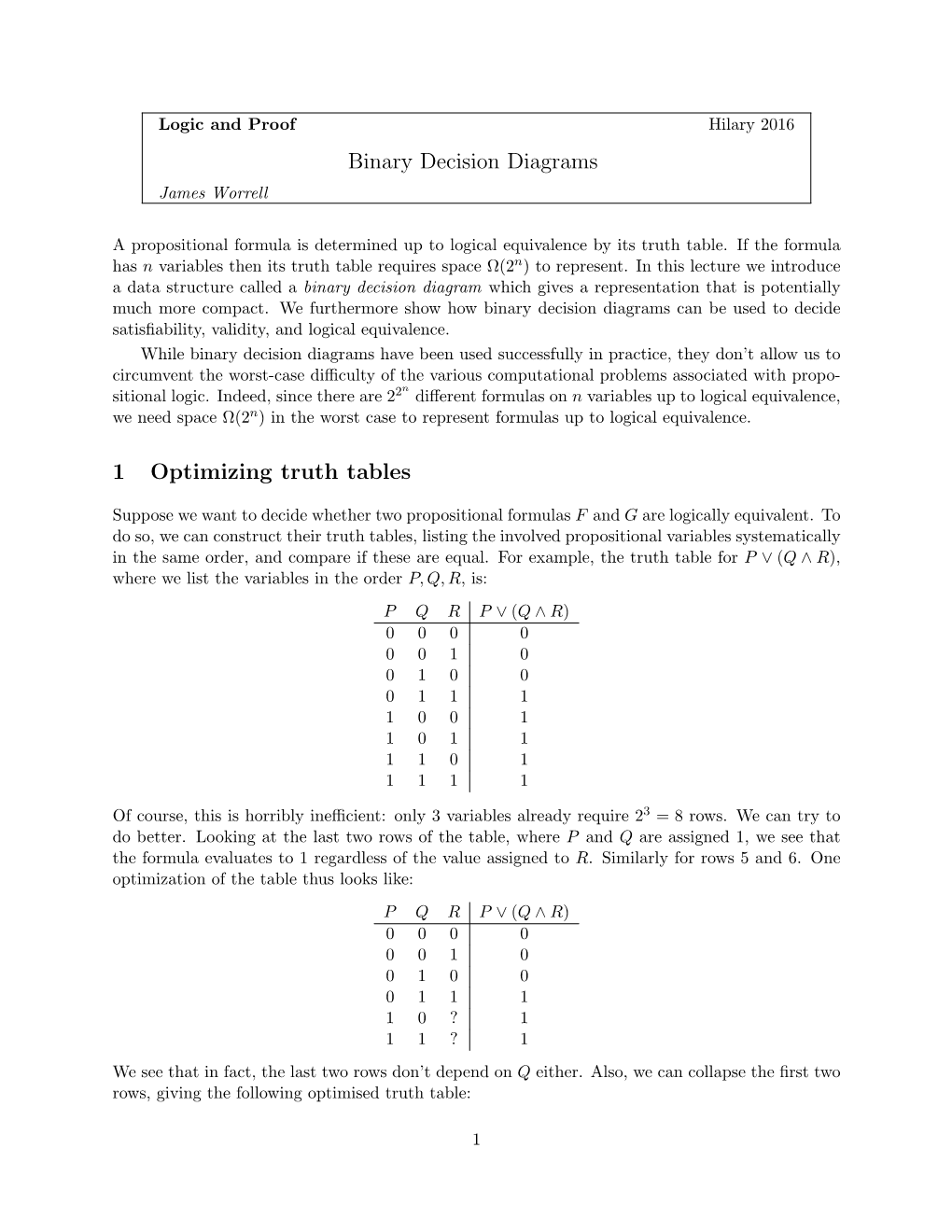 Binary Decision Diagrams 1 Optimizing Truth Tables
