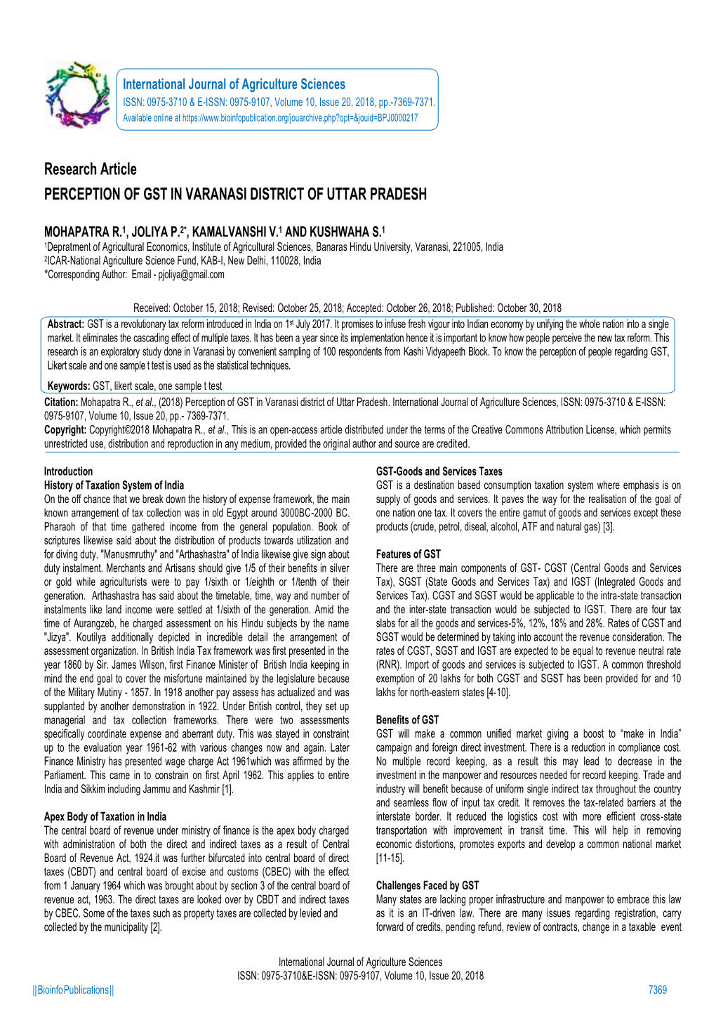 Research Article PERCEPTION of GST in VARANASI DISTRICT of UTTAR PRADESH