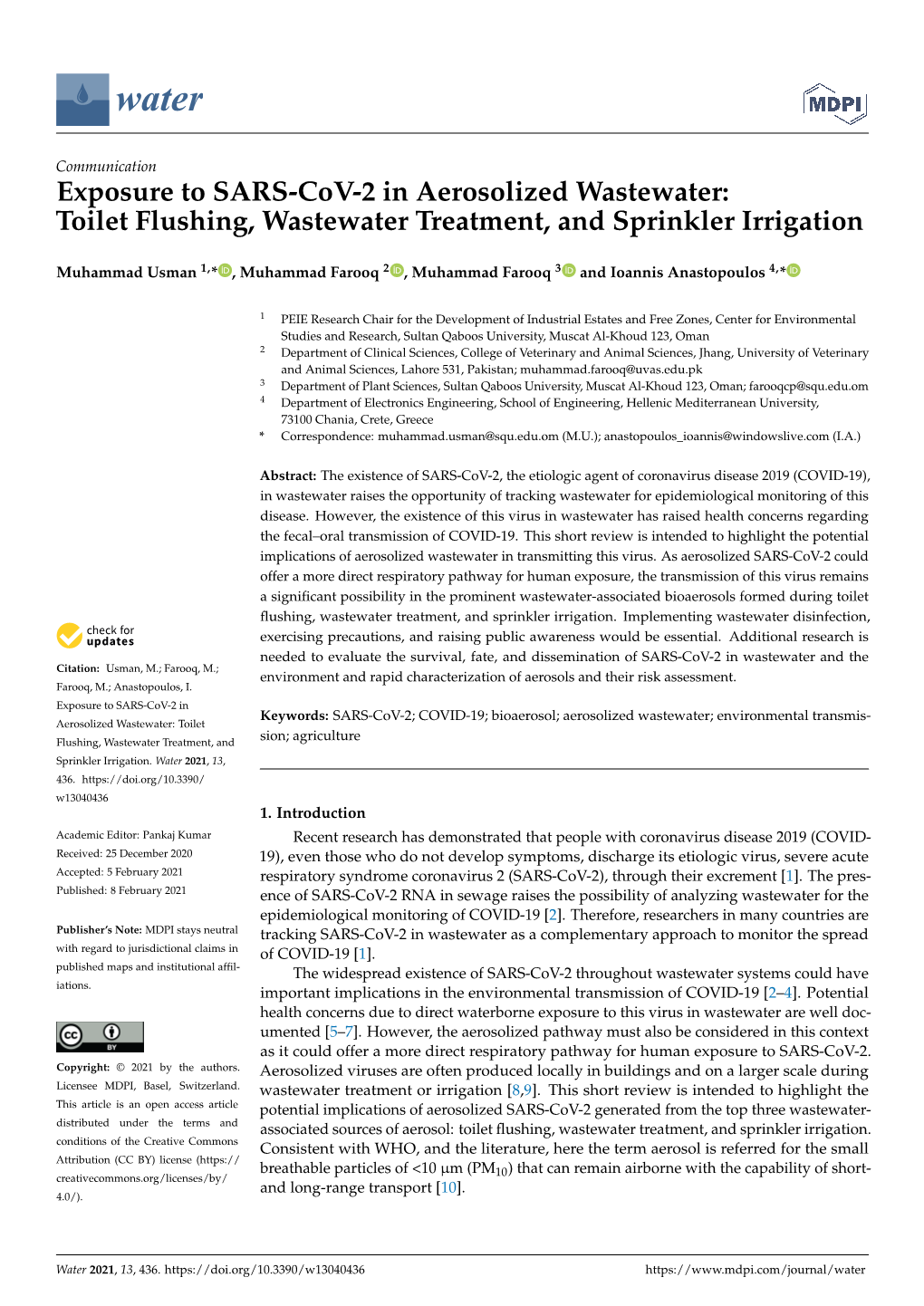 Exposure to SARS-Cov-2 in Aerosolized Wastewater: Toilet Flushing, Wastewater Treatment, and Sprinkler Irrigation