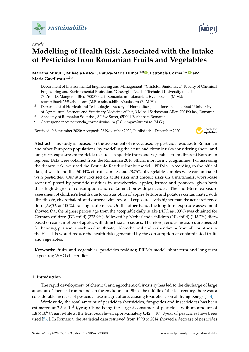 Modelling of Health Risk Associated with the Intake of Pesticides from Romanian Fruits and Vegetables